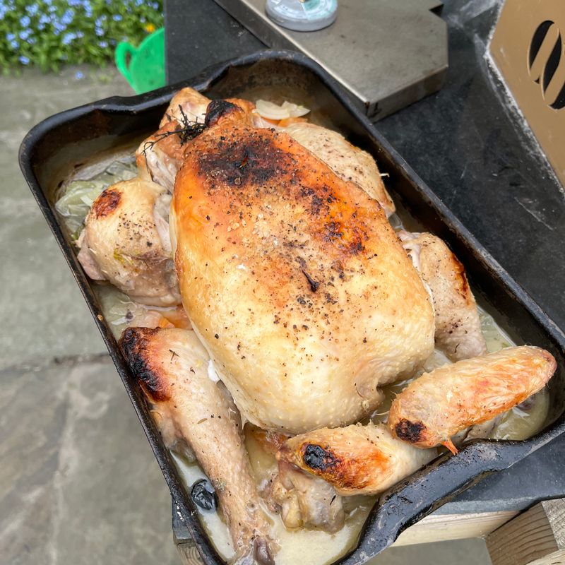 Roast chicken, stuffed with lemon and thyme,, cooked by Orchard Ovens customer, Peter Lowman, in the Fornino 50 oven