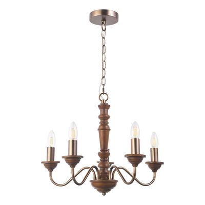 Tate 5 Light Armed Pendant in Dark Wood and Satin Bronze