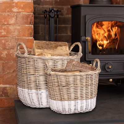 Snug Set Of Two Toned Wicker Log Baskets 