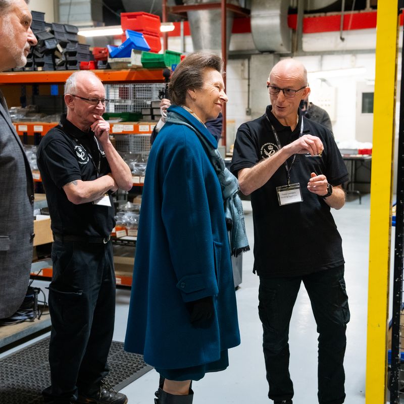 HRH The Princess Royal is introduced to the robot polishing cell by Mr Trevor Saunders