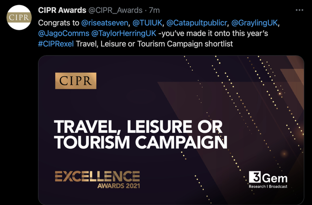 Finalist recognition in the 2021 national CIPR Excellence Awards 'Best Travel Campaign' category