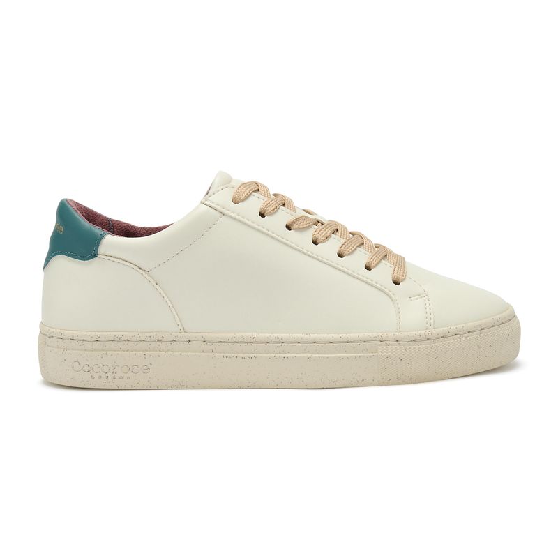 Plant-powered 'Kew' vegan trainer from Cocorose London, in white with Marine Blue heel tab