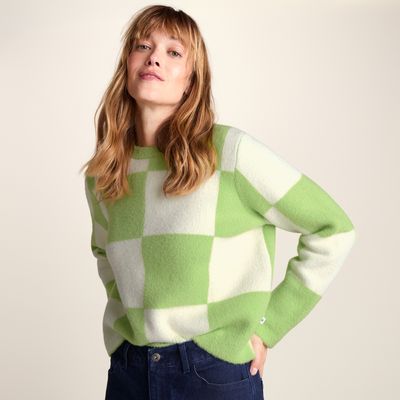 Celeste Womens Checkerboard Chunky Knit Jumper - Lemon Lime