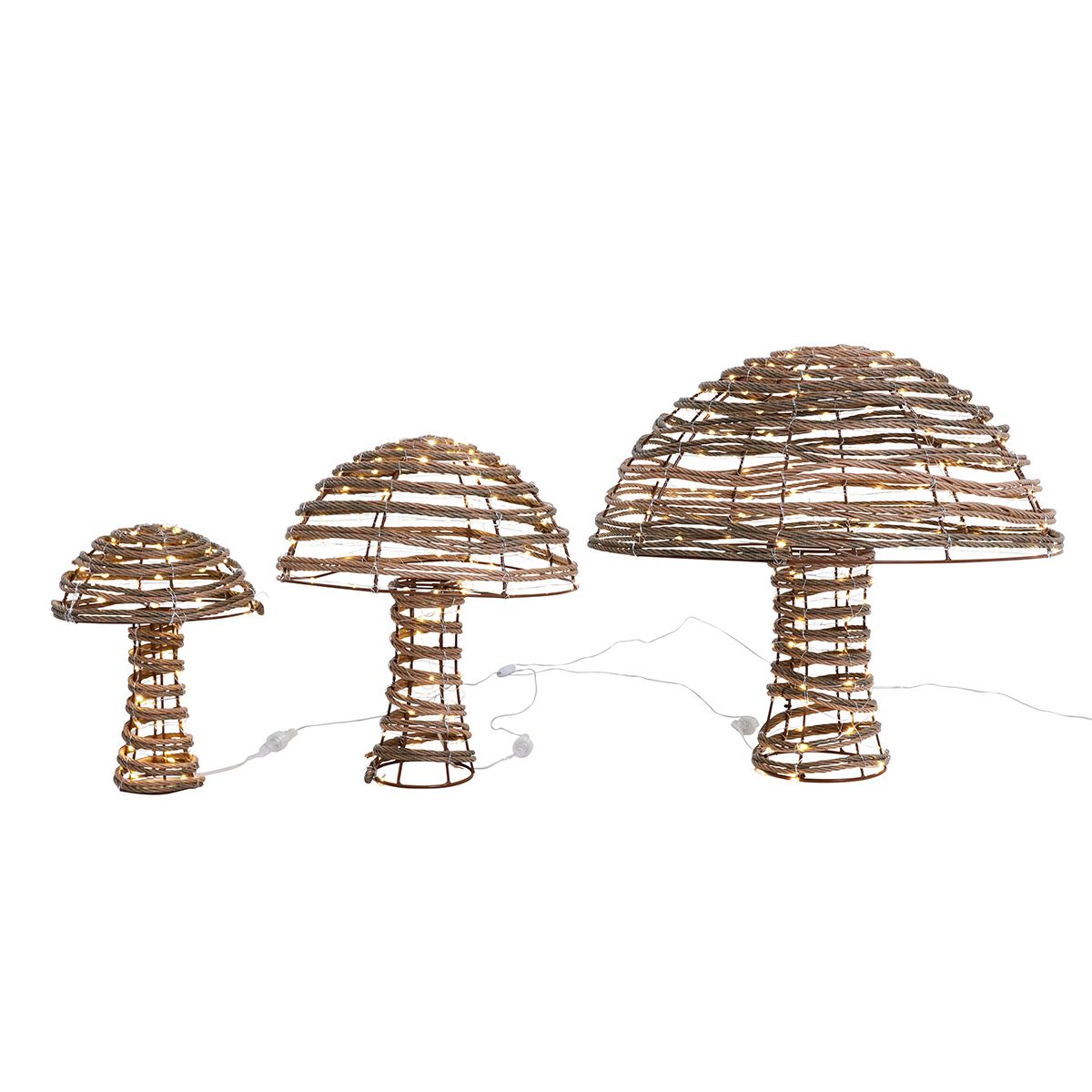 Set of three Indoor Outdoor Rattan Light Up Mushrooms