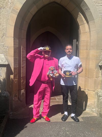 Mr Karoly Toth at Langley Castle, holding Langley Bear and with chef, Adam Phillips