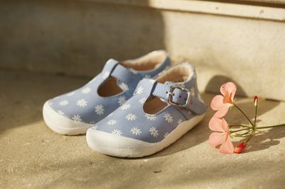 'Bud' in blue daisy nubuck t-bar buckle first walking shoes