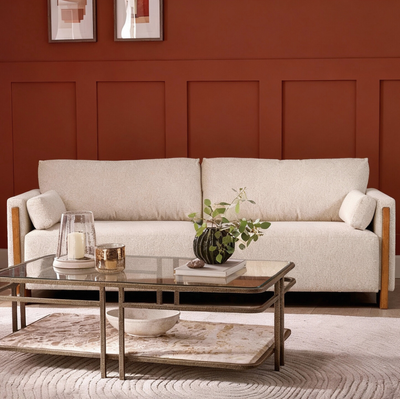 Audrey Exposed Wood Frame 3 Seat Sofa in Ecru Textured Weave