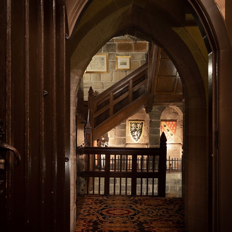 Looking through to the garderobe tower at Langley Castle Hotel, Northumberland, UK
