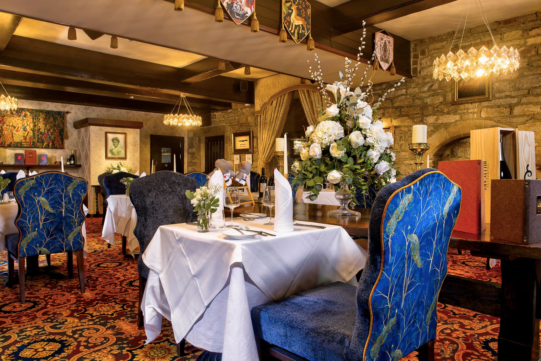 Josephine's restaurant at Langley Castle - a hotel and restaurant in Northumberland UK housed in a medieval, fortified castle. 