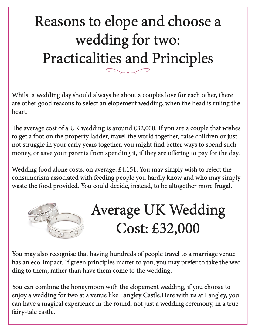 Page from the Langley Castle guide to planning the perfect elopement.