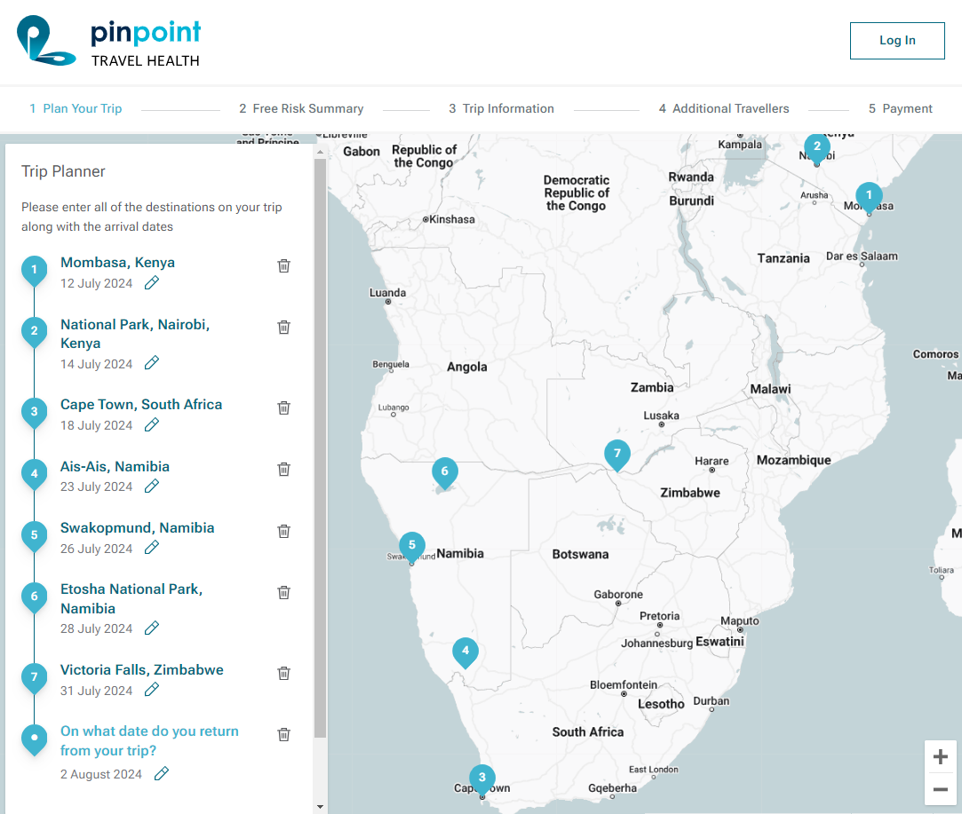 Sample itinerary builder in the Pinpoint Travel Health system