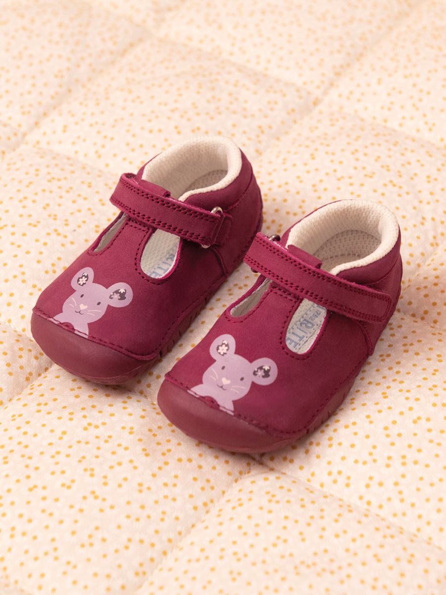 Squish, Berry nubuck mouse girls T-bar rip-tape pre-walker shoes