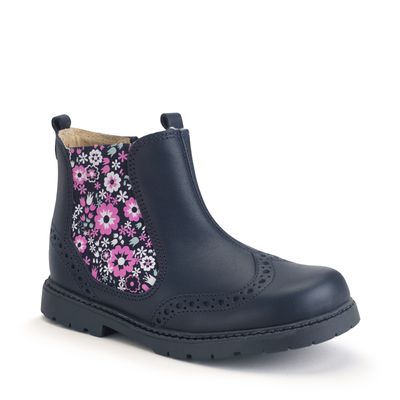 Chelsea Navy leather/floral girls zip-up ankle boots
