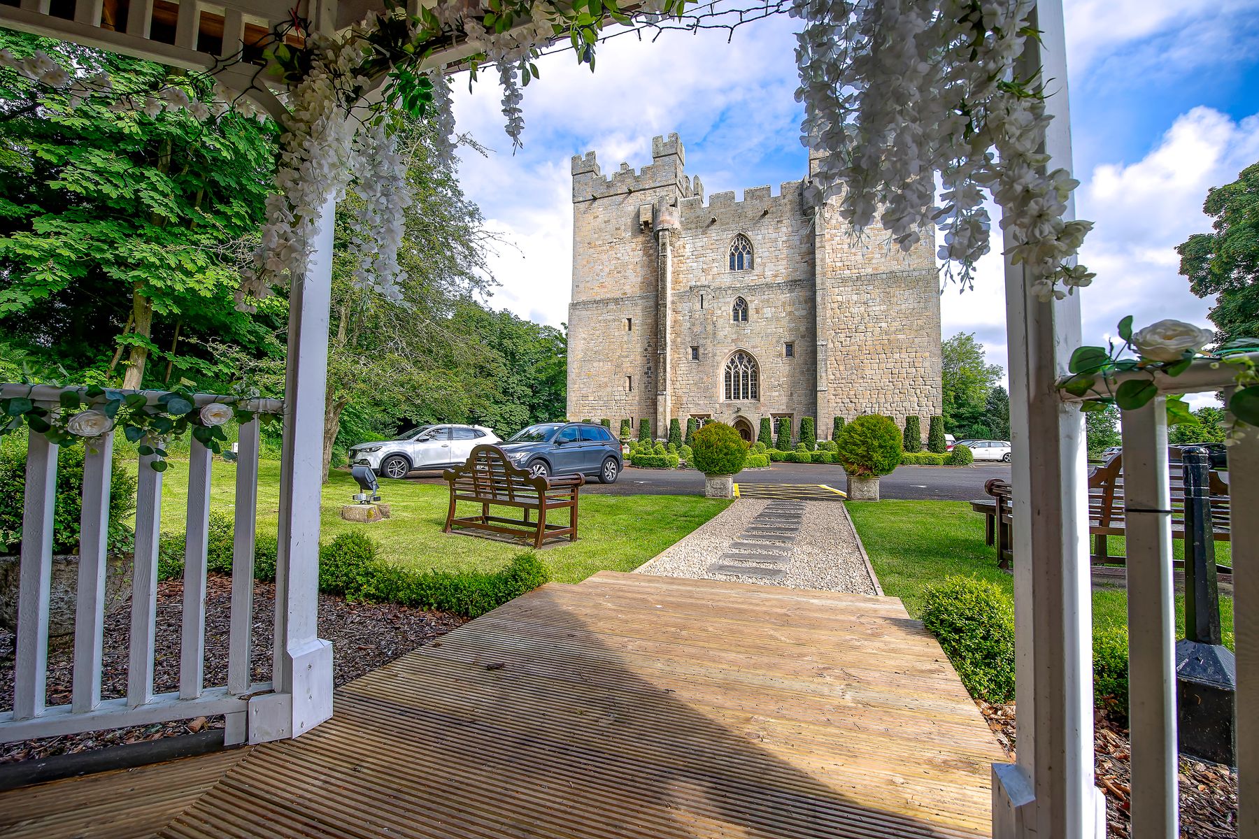 Langley Castle hotel and restaurant, Northumberland, UK, pictured from the Summerhouse (pic 2026)