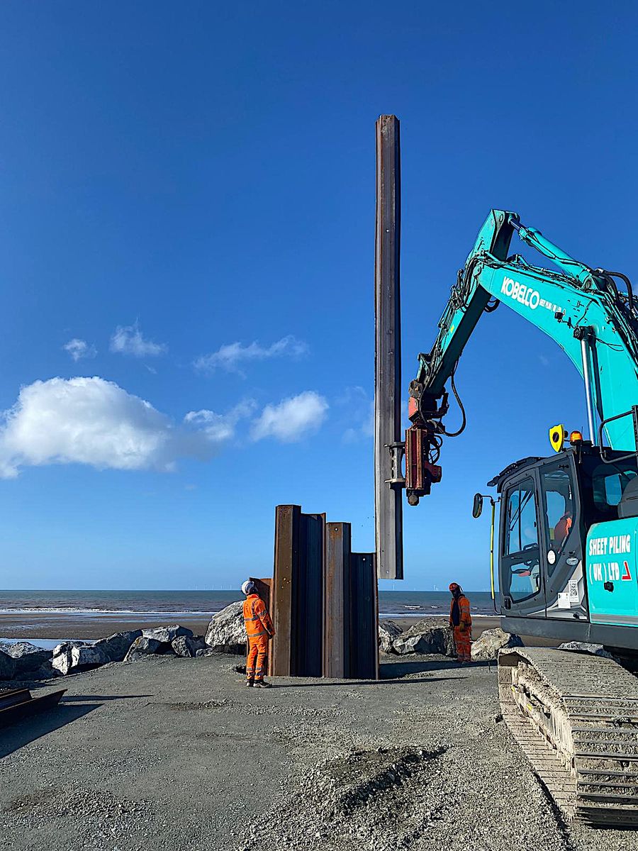 Sheet Piling (UK) Limited working on a coastal erosion project at Kinmel Bay, North Wales