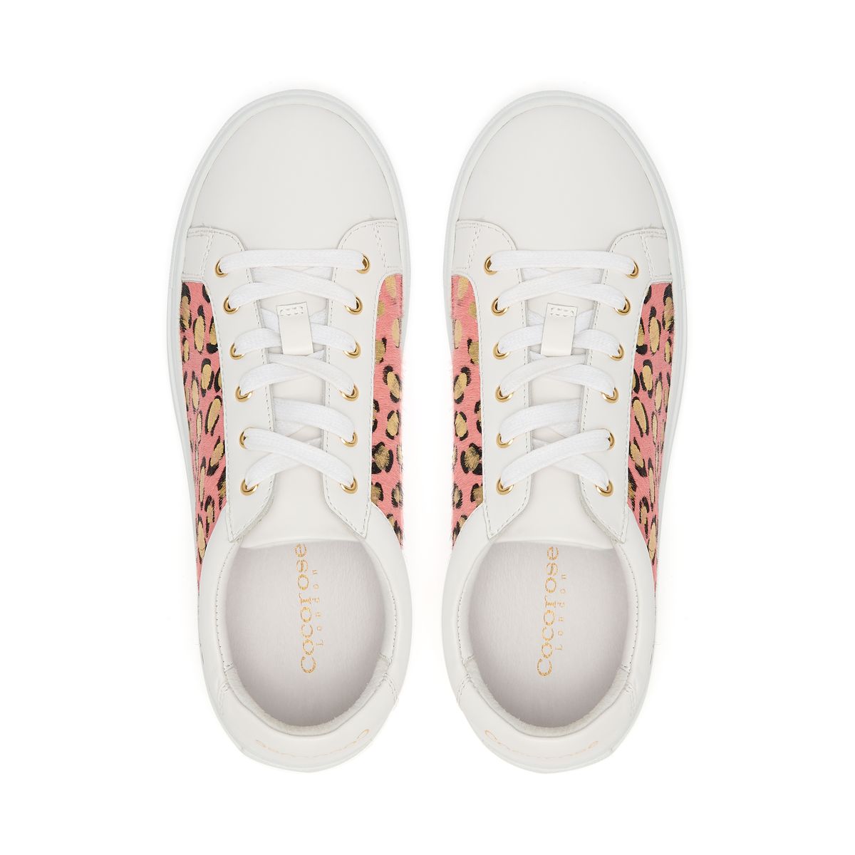 Hoxton White With Pink and Gold Leopard Panels Trainers from Cocorose London