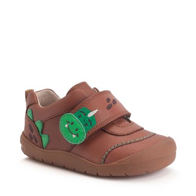 Stampede Tan leather dino rip-tape boys first walking shoes