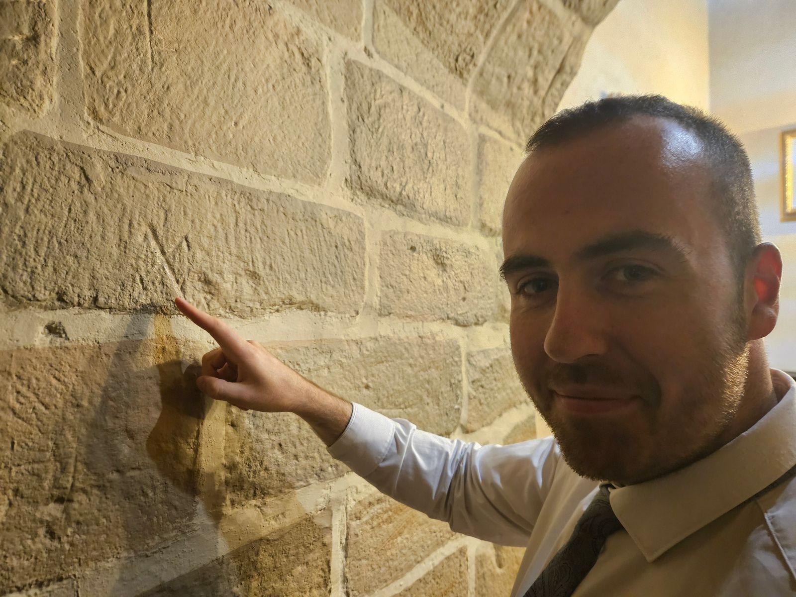 Witch marks at Langley Castle Hotel, Northumberland, as pointed out by Assistant F&B Manager, Daniel Watson