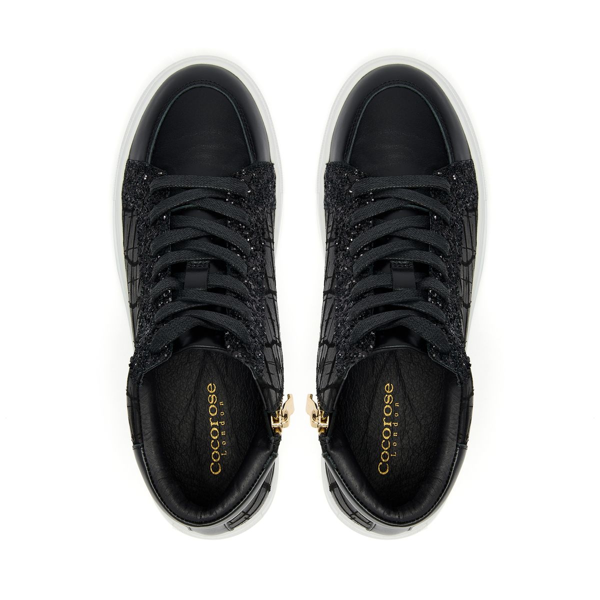 Finsbury Black and Glitter Leather High Top Trainers from Cocorose London