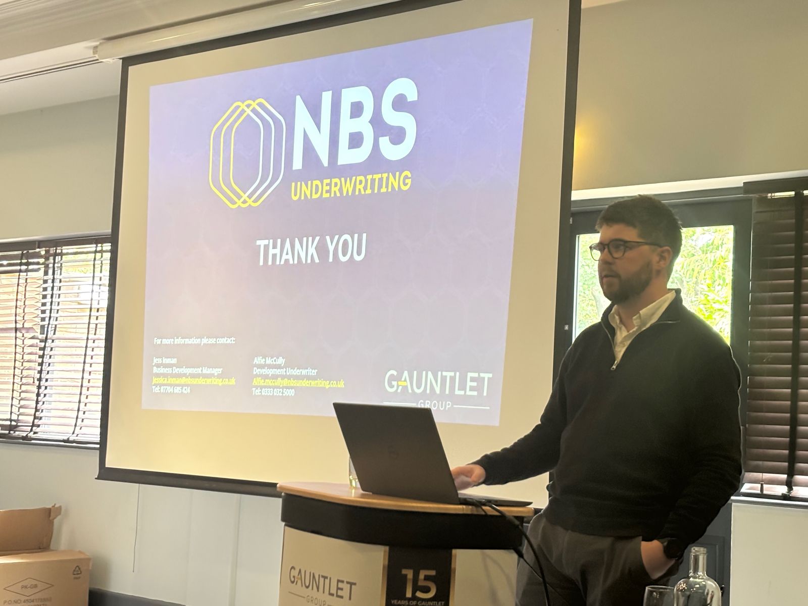 Alfie McCully of NBS Underwriting, speaking at the 2024 Gauntlet AR Conference