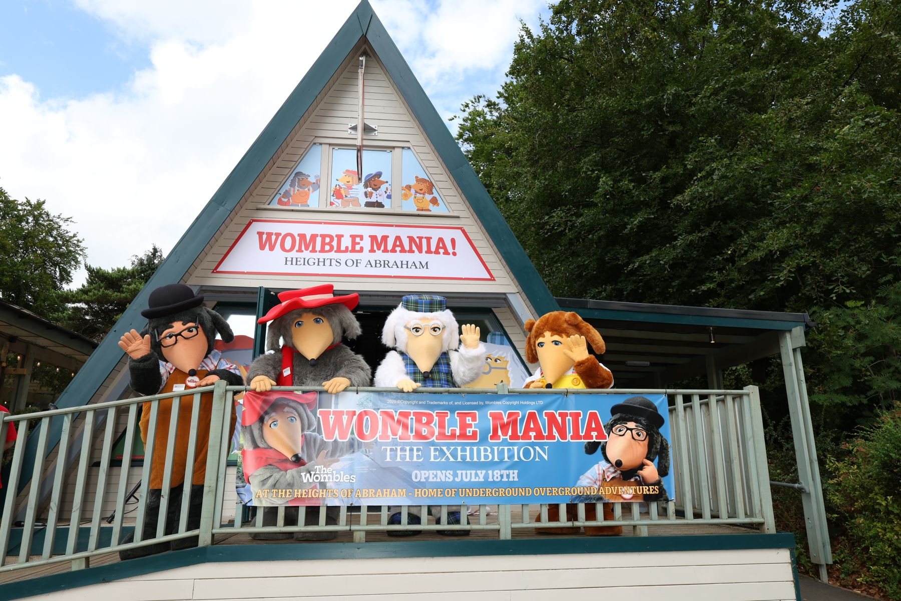 Tobermory, Orinoco, Great Uncle Bulgaria and Alderney outside Womble Mania at the Heights.JPG