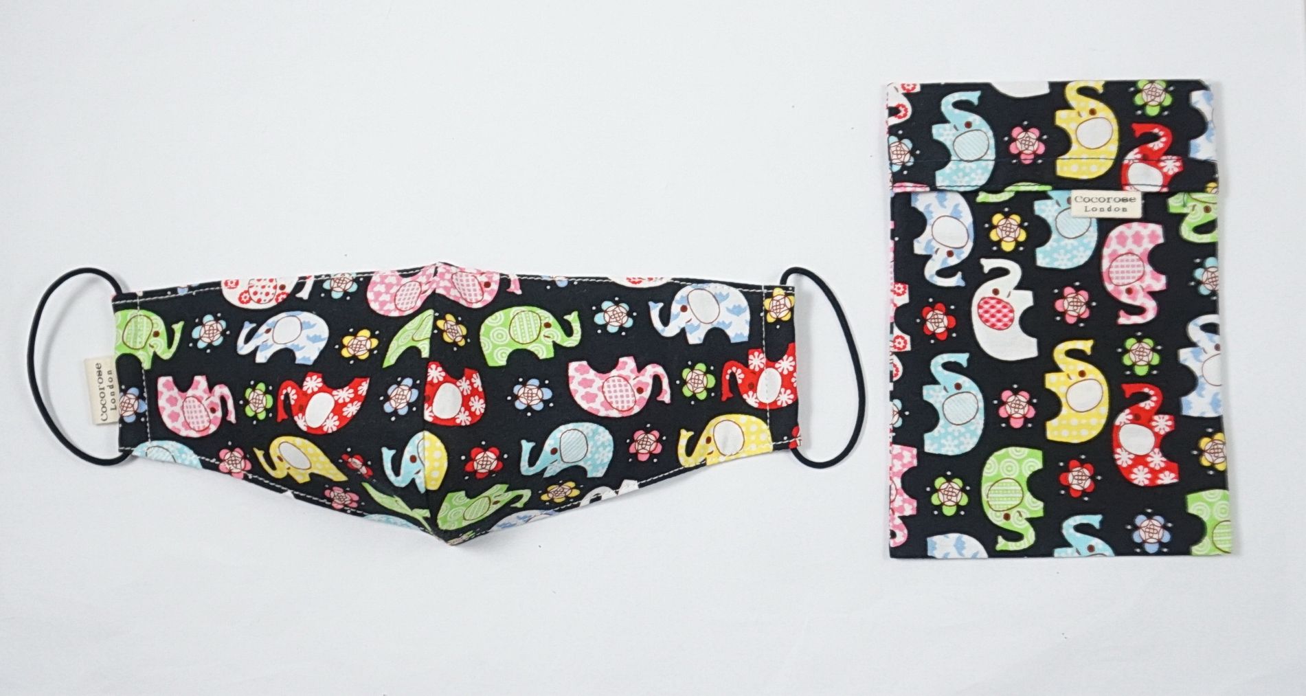 Children's cotton face mask in Colourful Elephants pattern, from Cocorose London