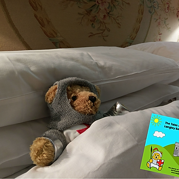 Langley Bear in bed at Langley Castle Hotel, Northumberland, UK.