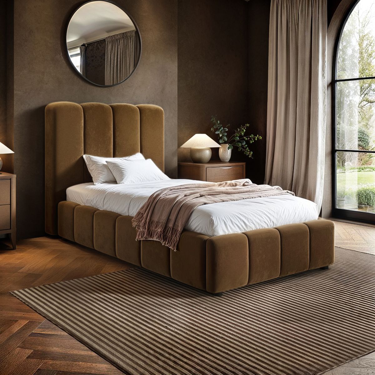 Solace+Co Emilie Single Ribbed Ottoman Bed - Brown Velvet