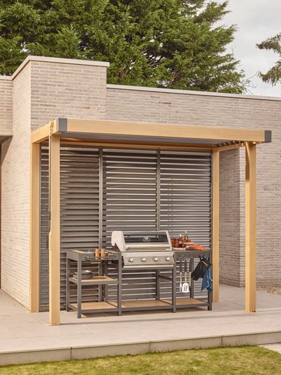Savannah Outdoor Kitchen Set with with BBQ, Pergola, and Back Panel