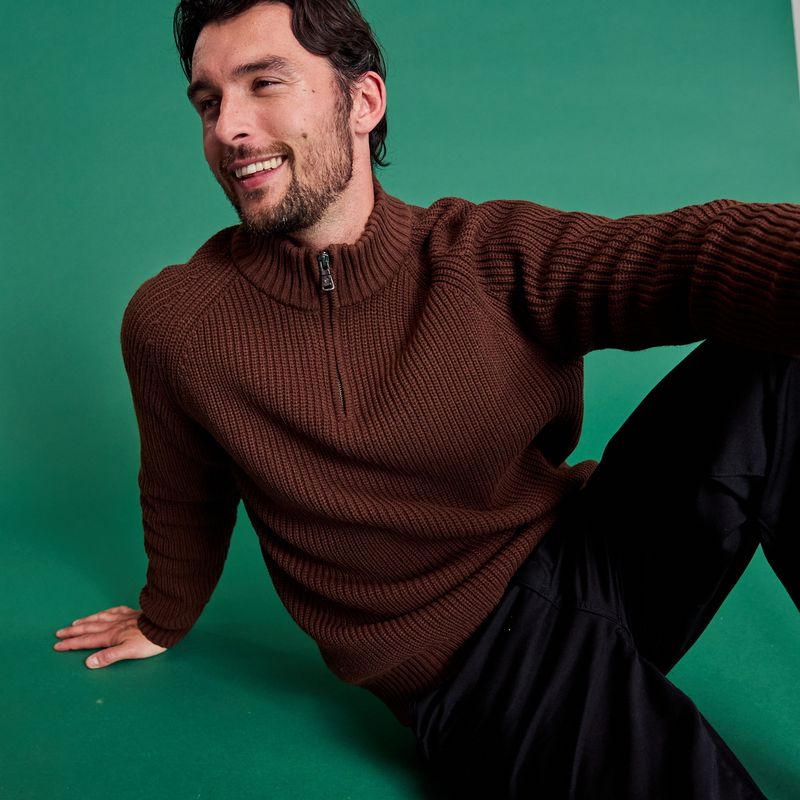 Glen Mens Chunky Knitted Zip Neck Jumper - Chestnut Brown
