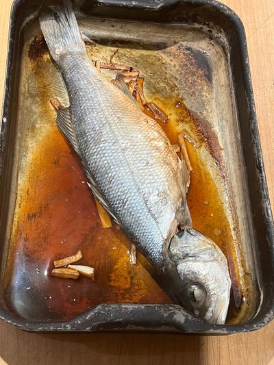 Asian-style sea bass, cooked by Orchard Ovens customer, Peter Lowman, in the Fornino 50 oven