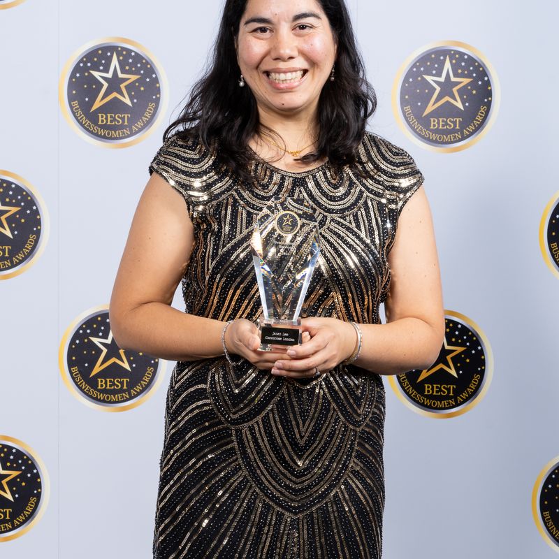 Janan Leo, founder of Cocorose London, with her Gold Award for Best Customer Service, won at the national Best Businesswomen Awards 2024