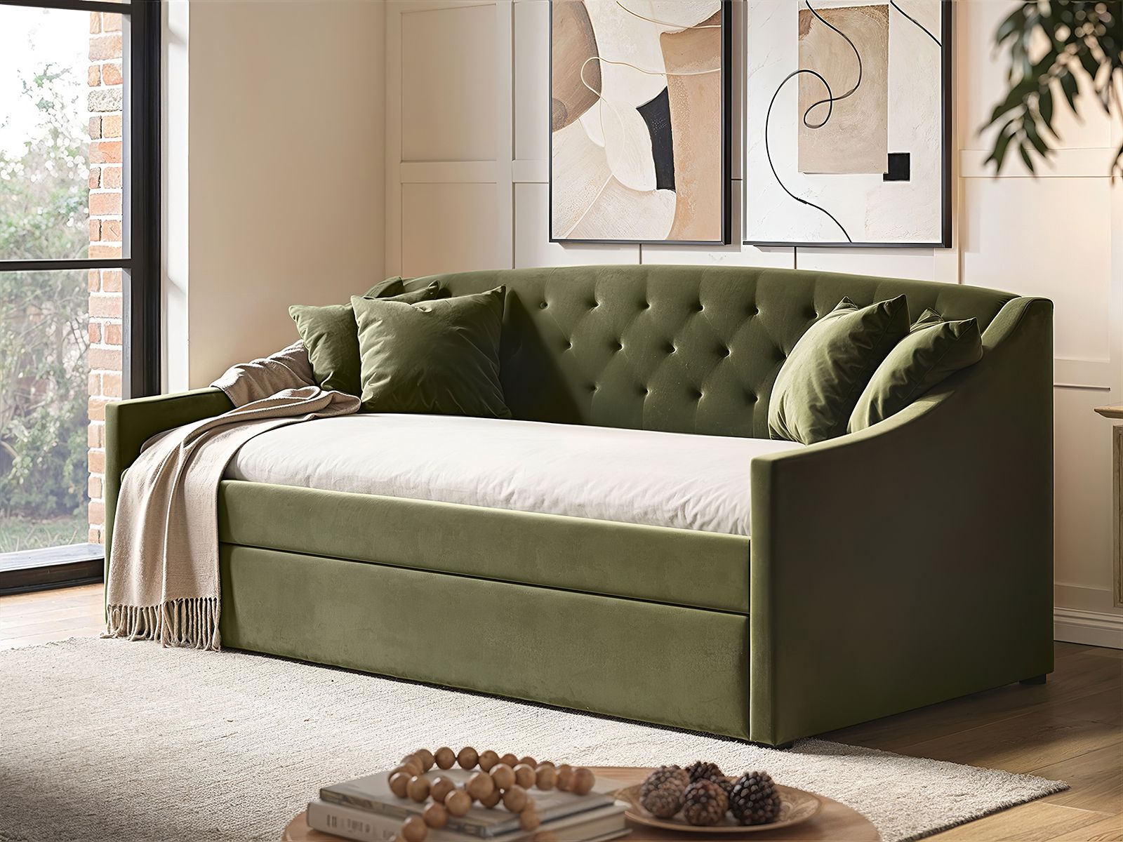 Flair Aurora Daybed with Trundle Khaki Green Velvet