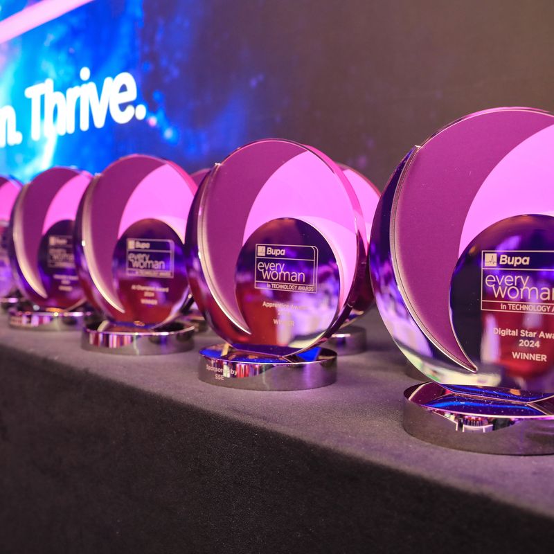 2024 Bupa everywoman in Technology Awards trophies