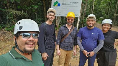 Bruno Takeshi (Project Manager Amazon FACE), Antonio Cardosa (Controls Engineer at Transicon), Kris Hart (Head of Operations BIFoR), Alacimar Guedes (Field Supervisor Amazon FACE), Maria Juliana Monte (Site Engineer Amazon FACE) on site in Brazil.jpg