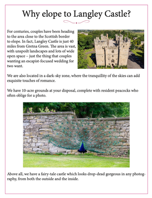 Page from the Langley Castle guide to planning the perfect elopement.