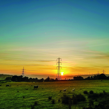 View of pylons in fields 