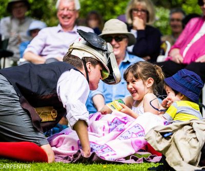 The character Bottom, entertaining crowds in The HandleBards production of A Midsummer Night's Dream