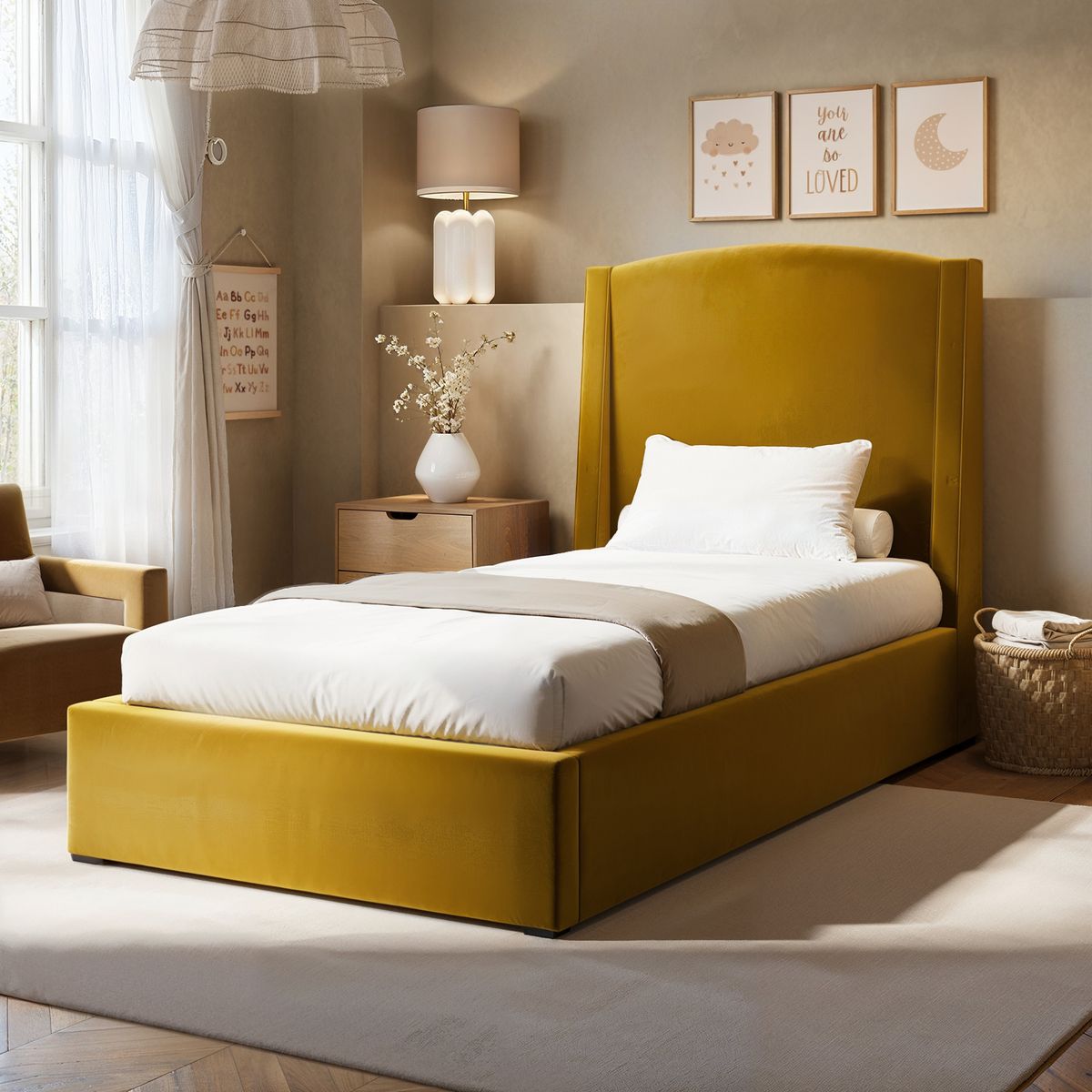 Solace+Co Blaine Single Winged Headboard Ottoman Bed Gold Velvet