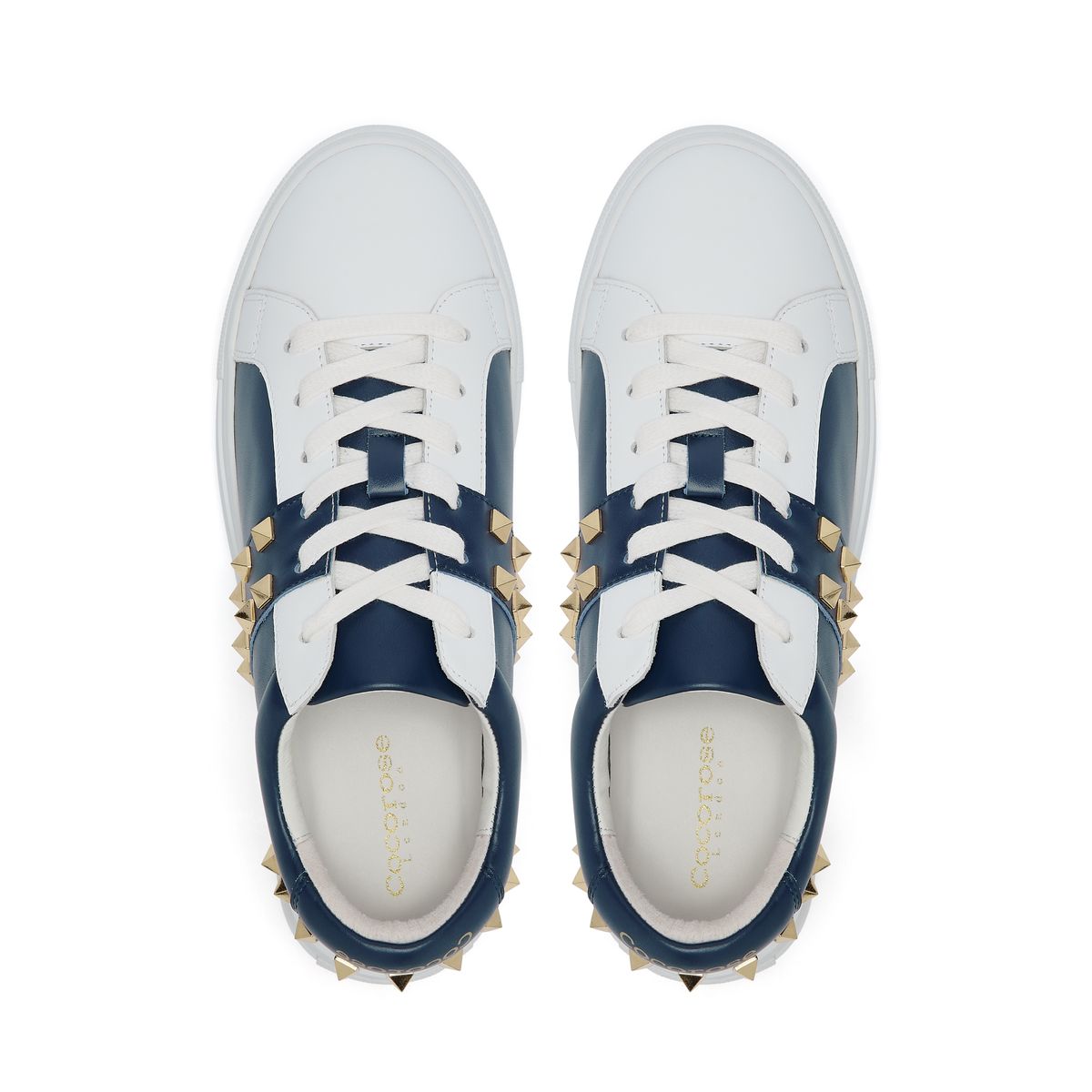 Hoxton White and Navy Trainers with Gold Studs