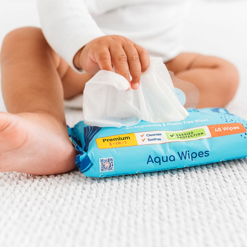 NEW Premium Aqua Wipes 3-in-1 clean, soothe and protect with kindness.