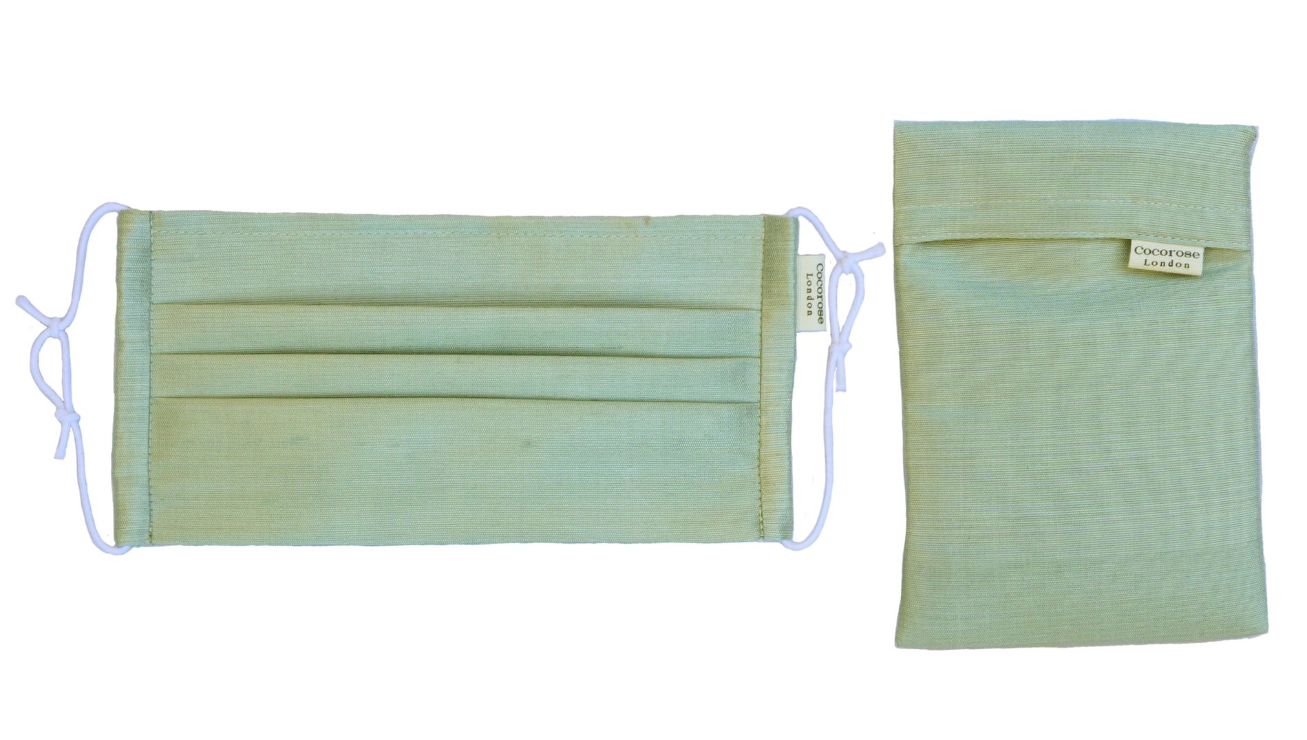 Sage green silk pleated face mask and matching pouch from Cocorose London