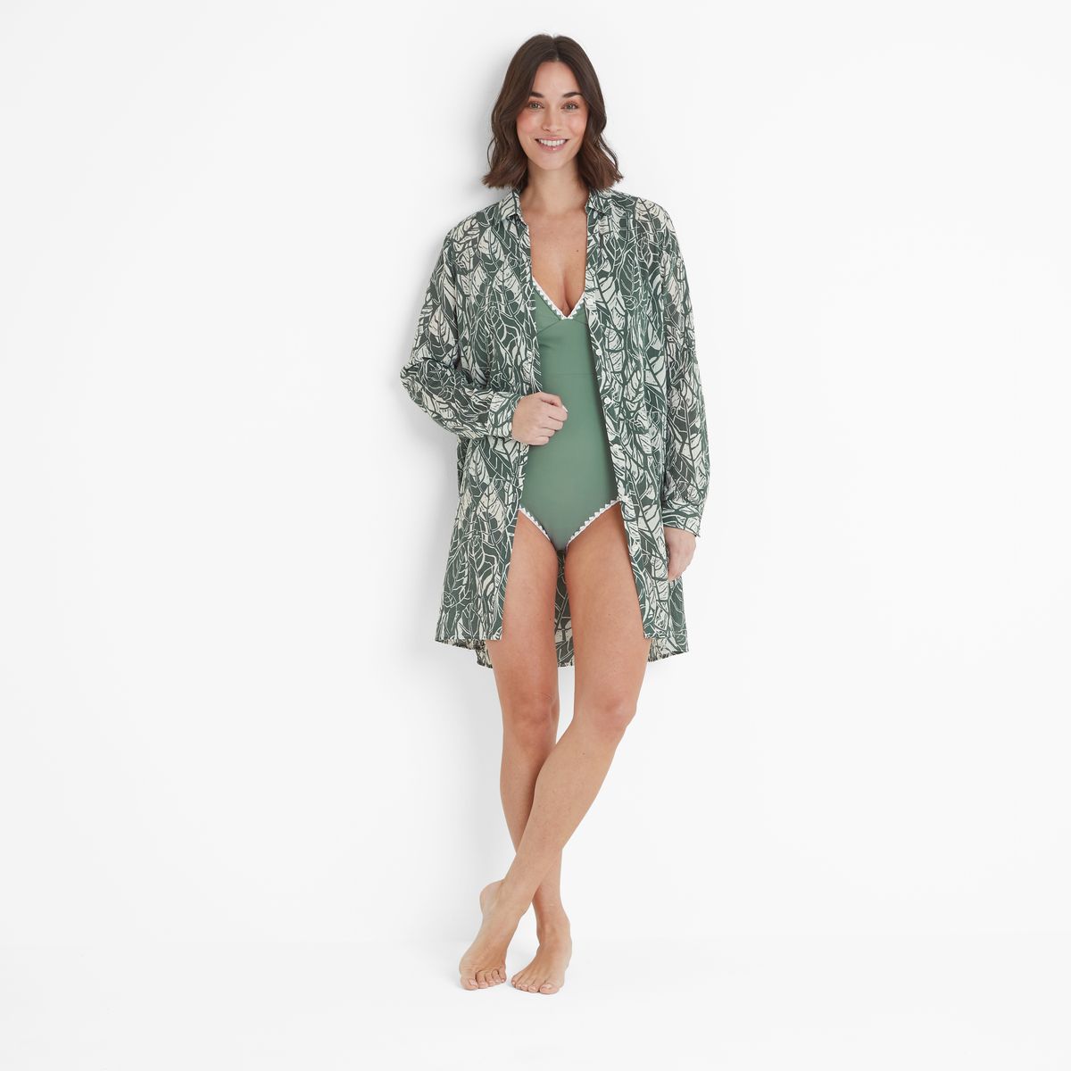 Ronda Women's Shirt Long Sleeve - Green Palm Print