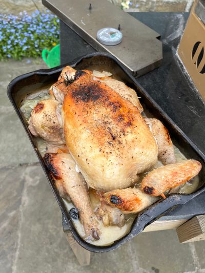 Roast chicken, stuffed with lemon and thyme,, cooked by Orchard Ovens customer, Peter Lowman, in the Fornino 50 oven