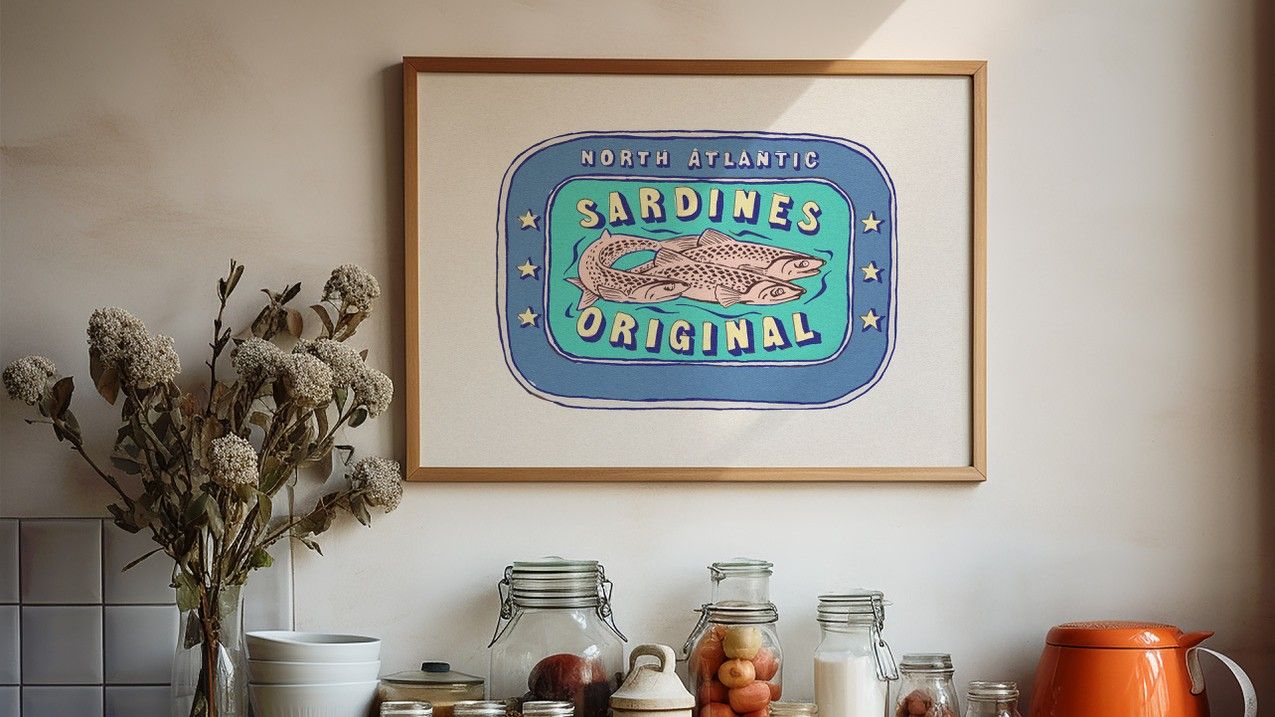 Suggested Header Beach House Art, Sardine Painting  Cornish Blue Tin of Sardine Print  Kitchen Art, £49, 8240183.jpg