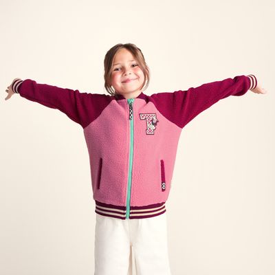Aberfield Shaun the Sheep Kids Sherpa Varsity Bomber Jacket - Candy Floss/Beetroot Red