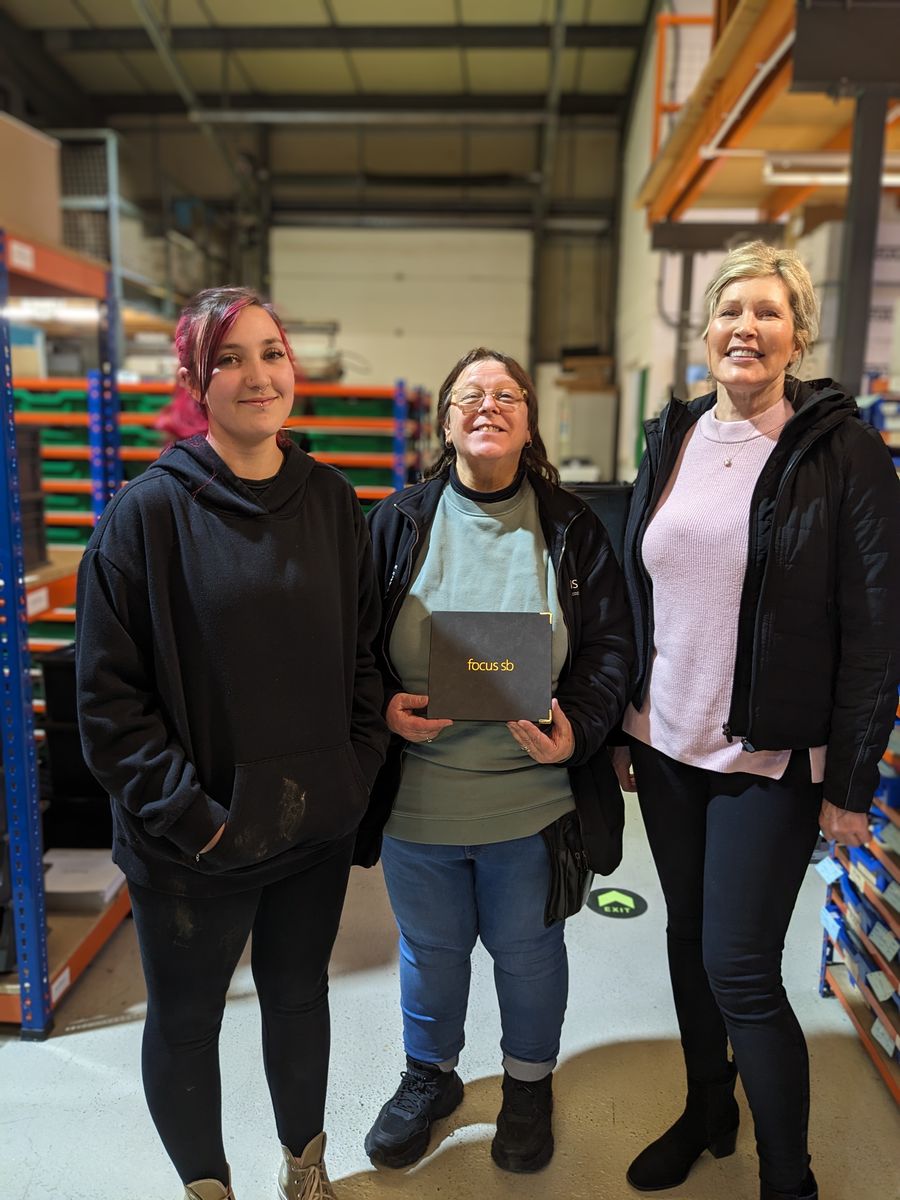 From left to right: Apprentice team leader, Anni; Assembly and Warehouse Manager, Val; Dr Vanessa Brady