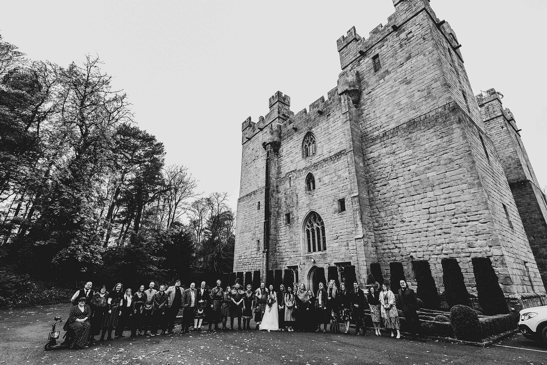 Wedding party at the Viking-themed wedding of Benjamin and Annmarie Coomber, at Langley Castle, Northumberland