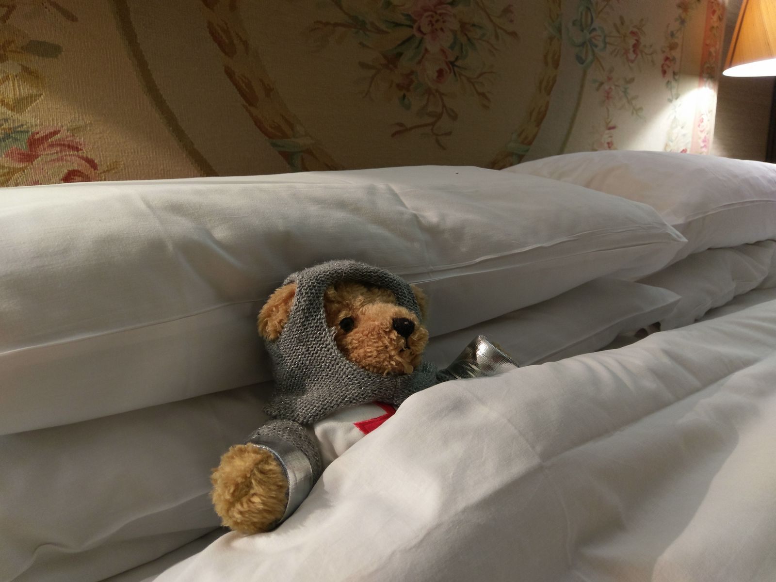 Langley Bear in bed at Langley Castle Hotel, Northumberland, UK.