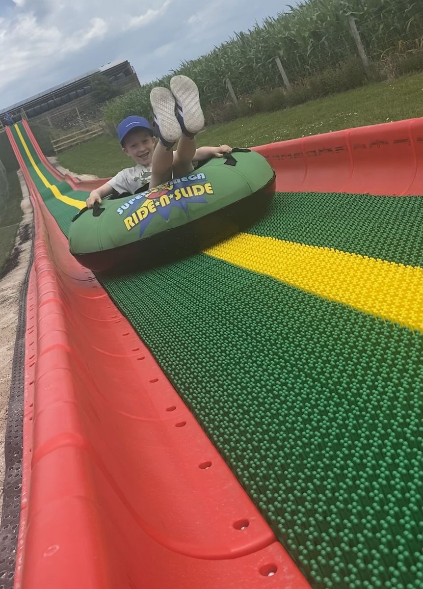 150-foot-long Super Mega Ride n Slide at the Lakeland Maze Farm Park near Kendal, the Lake District.